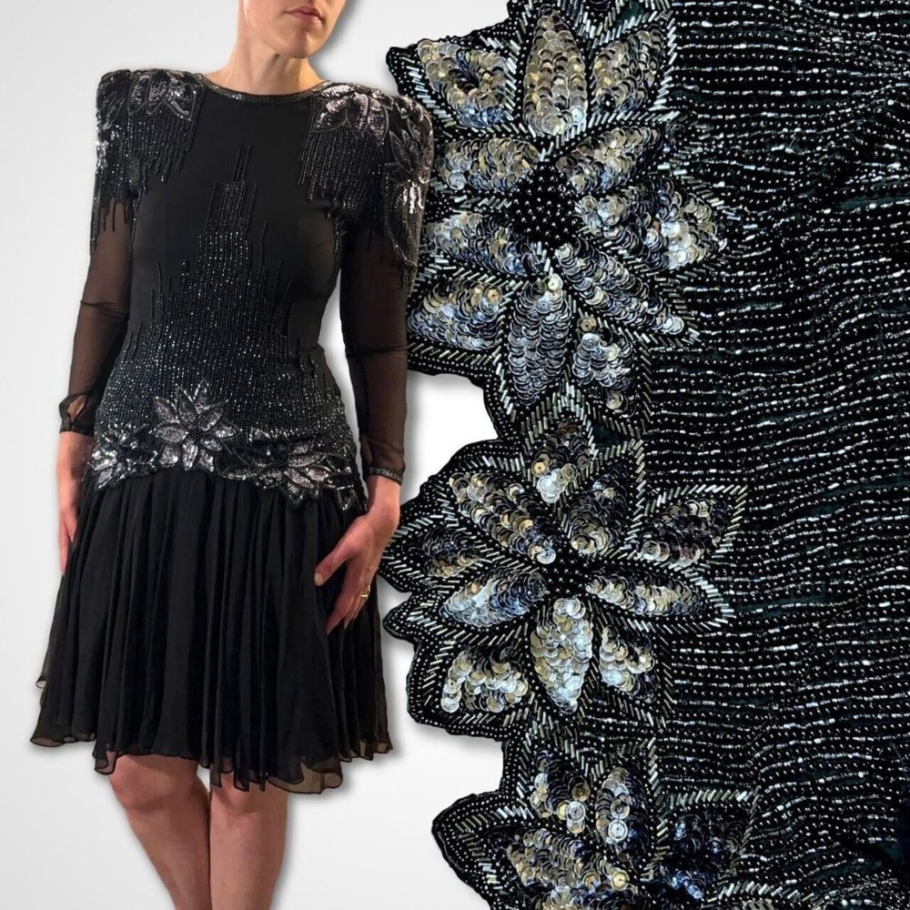 Sequined Beaded 90s Vintage Drop Waist Flapper Dress Black Gatsby 20s Party Para
